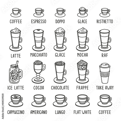 Hand drawn collection coffee shop menu with espresso, doppio, glace, ristretto, latte, macchiato, mocha, raf, ice latte, cocoa, chocolate, frappe, cappuccino, americano, lungo, flat white doodle