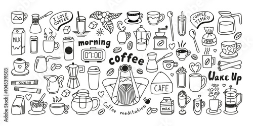 Hand drawn tea, coffee doodle set with milk, cups, kettle, coffee maker, turk, utensils and girl
