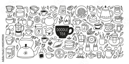 Hand drawn collection tea cups with herb and lemon, kettle, jam. Glass and ceramic utensils doodle