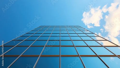 Captivating perspectives a striking view of modern architecture reaching toward the sky with reflective glass and cloudy blue background