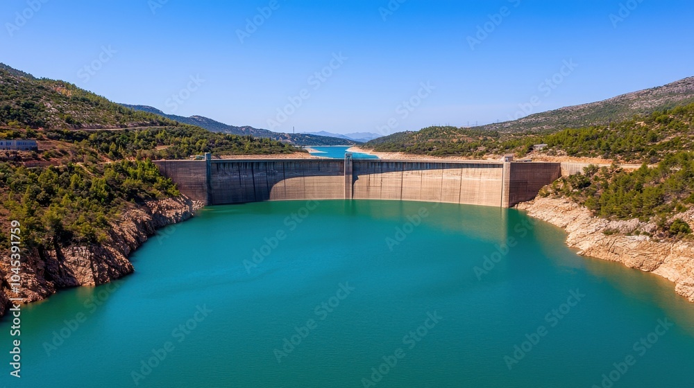 Large Hydroelectric Dam Surrounded by Clear Blue Water Large Hydroelectric Dam Surrounded by Clear Blue Water