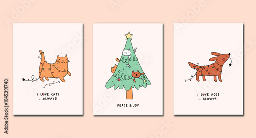 Collection of winter background set with tree, dogs, cats. Editable vector illustration for christmas invitation, postcard and website banner.