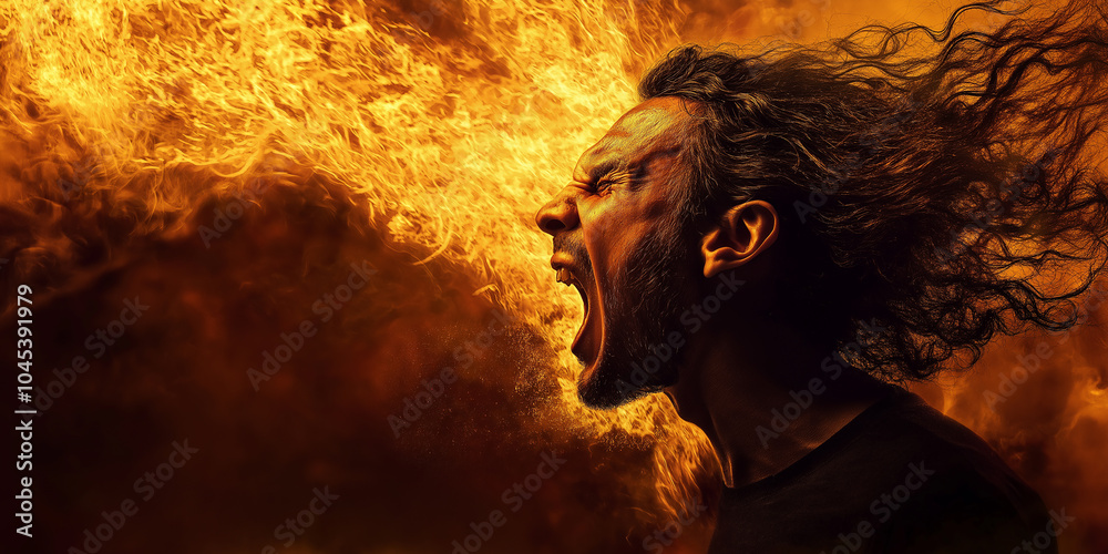 Man with long hair screaming surrounded by fire Man with long hair screaming surrounded by fire