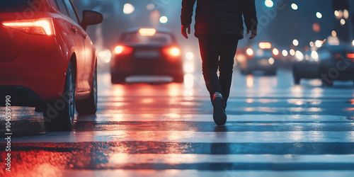 pedestrian crossing a wet street at night narrowly avoiding oncoming cars in traffic
 photo