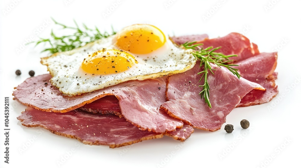 Classic German Strammer Max with ham and fried eggs, isolated on a clean white background. Classic German Strammer Max with ham and fried eggs, isolated on a clean white background.