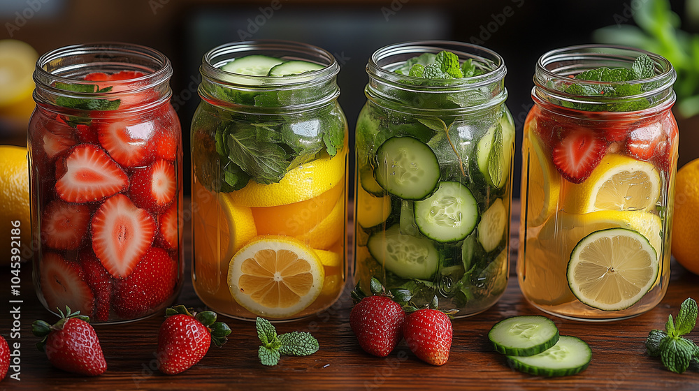 Refreshing Natural Drink Jars of water filled with fresh fruits and herbs Refreshing Natural Drink Jars of water filled with fresh fruits and herbs