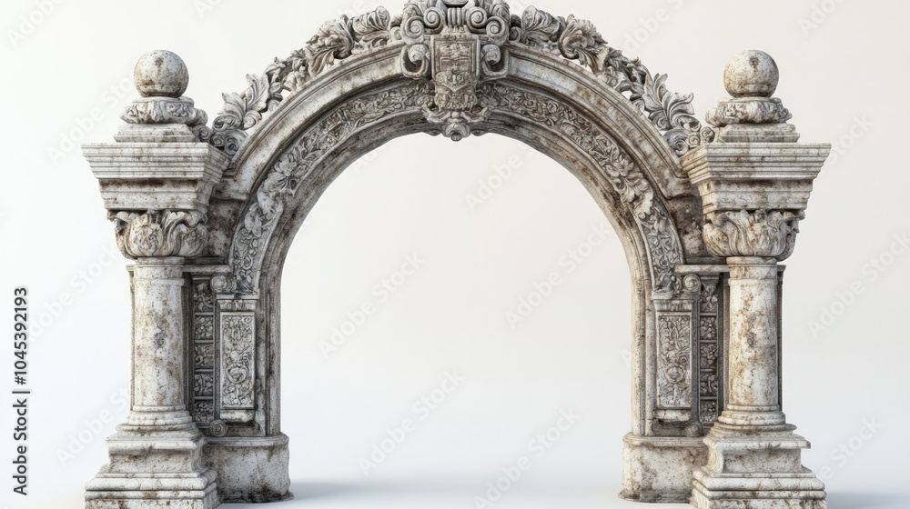 Obraz premium Classic stone arc gate isolated on white, featuring intricate carvings and craftsmanship.