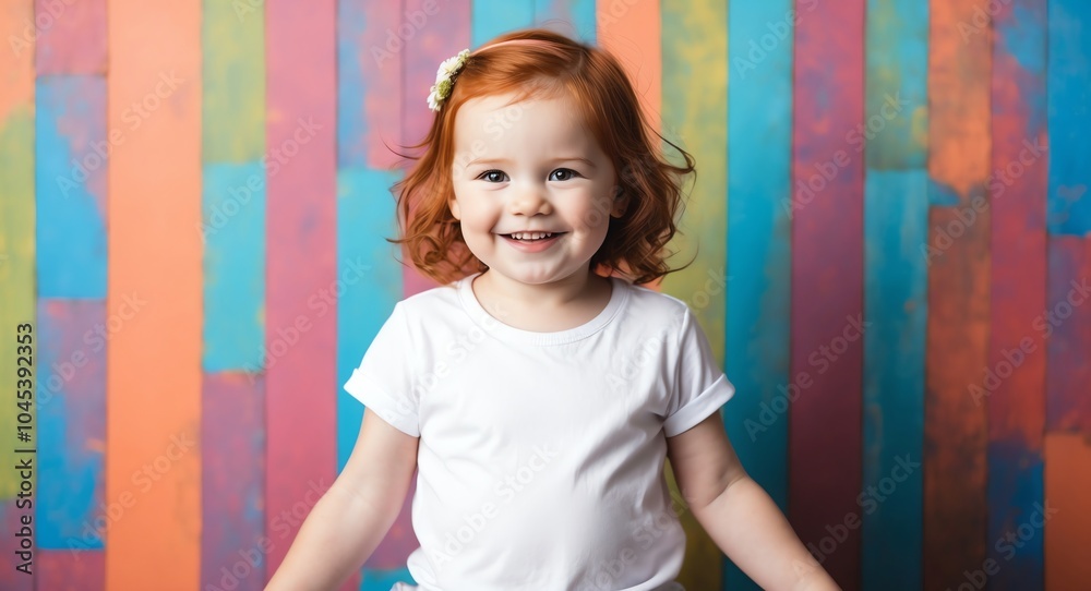 redhead toddler girl colorful background wearing plain white tshirt smiling happy portrait redhead toddler girl colorful background wearing plain white tshirt smiling happy portrait