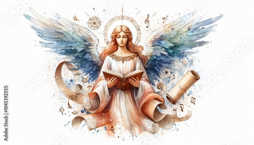 angel Dina, Angel of learning, depicted with a book or scroll, symbolizing knowledge and education. in watercolor illustration