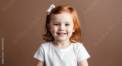 redhead toddler girl brown background wearing plain white tshirt smiling happy portrait