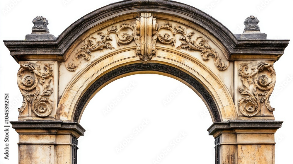 Obraz premium Classic stone arc gate with ornate carvings, isolated on white, showcasing architectural details.