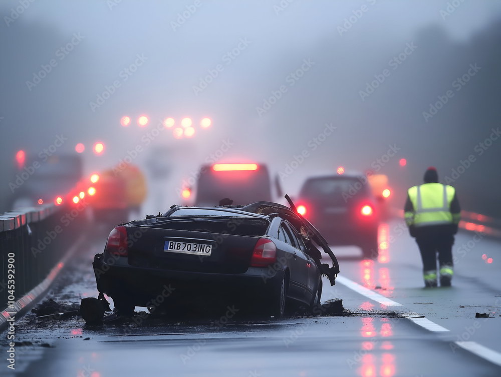 Obraz premium car accident with overturned vehicle on foggy highway causing traffic jam and emergency response 