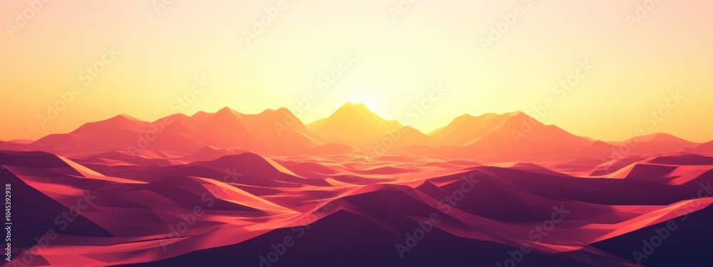 Low poly desert landscape at sunset, sharp shadows, warm glowing light, expansive horizon, tranquil atmosphere, vibrant colors