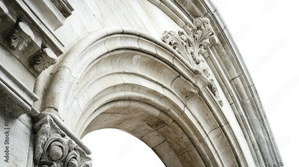 Classic stone arch with ornate stonework, isolated on white, highlighting architectural design. Classic stone arch with ornate stonework, isolated on white, highlighting architectural design.