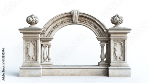 Classic stone arc gate with ornate carvings, standing isolated on white.