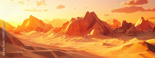 Low poly desert landscape at sunset, sharp shadows cast, warm glowing light illuminating the terrain, serene and captivating ambiance