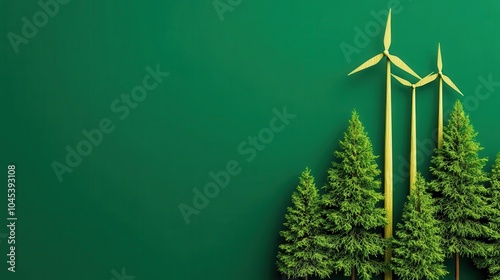 A vibrant green background featuring wind turbines and lush trees, symbolizing renewable energy and environmental sustainability. photo