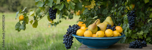 Autumn harvest: yellow lemons, dark grapes, blue bowl, rustic feel, abundance.
