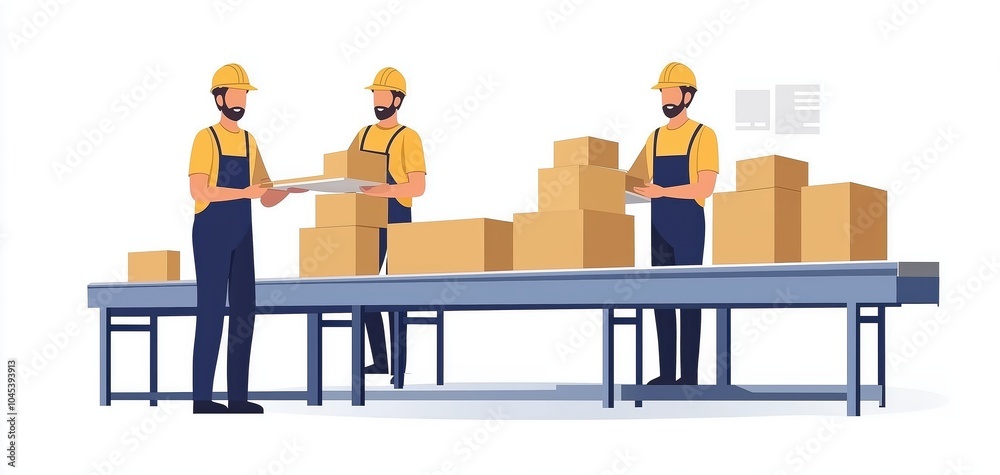 Warehouse workers packing and organizing boxes in a modern industrial setting with yellow safety helmets. Warehouse workers packing and organizing boxes in a modern industrial setting with yellow safety helmets.