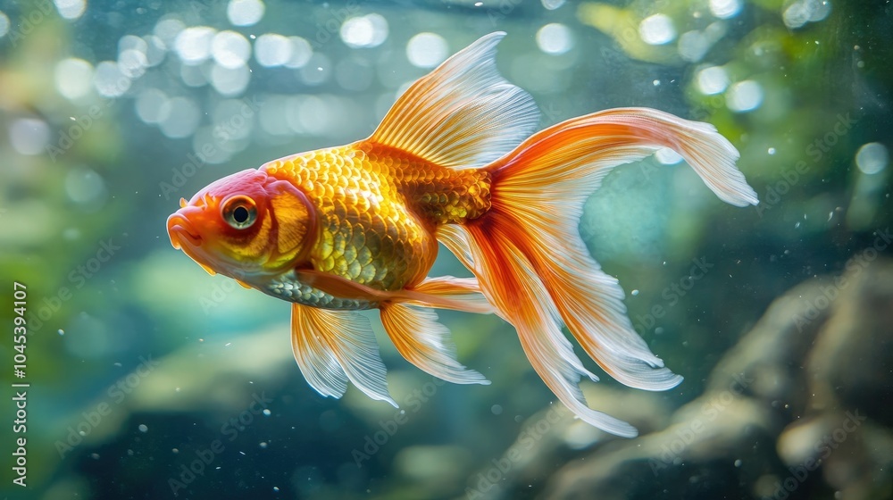 Close-up of a goldfish gliding through a fish pond, its delicate fins trailing behind. Close-up of a goldfish gliding through a fish pond, its delicate fins trailing behind.
