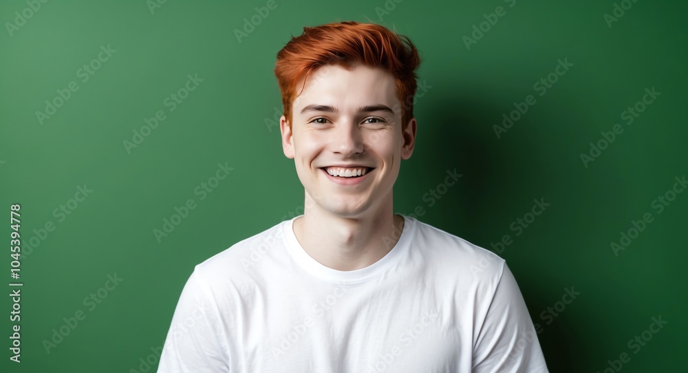 redhead young man green background wearing plain white tshirt smiling happy portrait