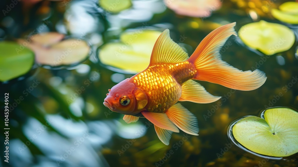 Close-up of a goldfish gliding through the water in a pond, its scales shimmering in the light. Close-up of a goldfish gliding through the water in a pond, its scales shimmering in the light.