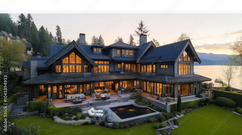 Luxury Lakeside Mansion with Illuminated Windows at Twilight, British Columbia, Canada Luxury Lakeside Mansion with Illuminated Windows at Twilight, British Columbia, Canada