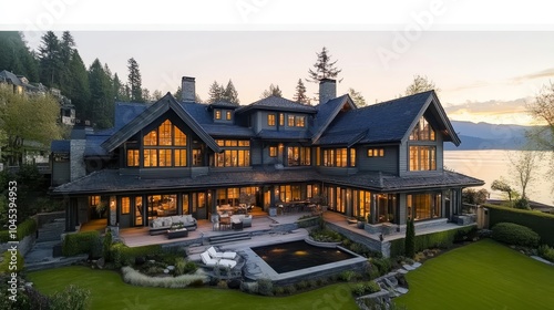 Luxury Lakeside Mansion with Illuminated Windows at Twilight, British Columbia, Canada photo