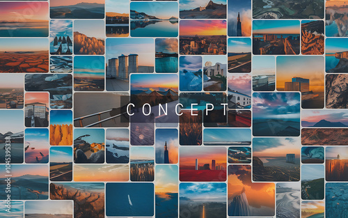 Collage of colorful landscape photos with blue and orange tones  perfect for travel and adventure concepts   