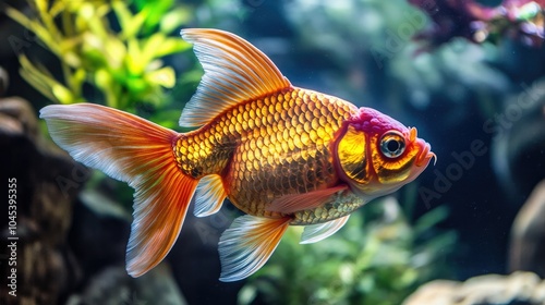 Close-up of a goldfish in an aquarium, its scales reflecting the light in the water.