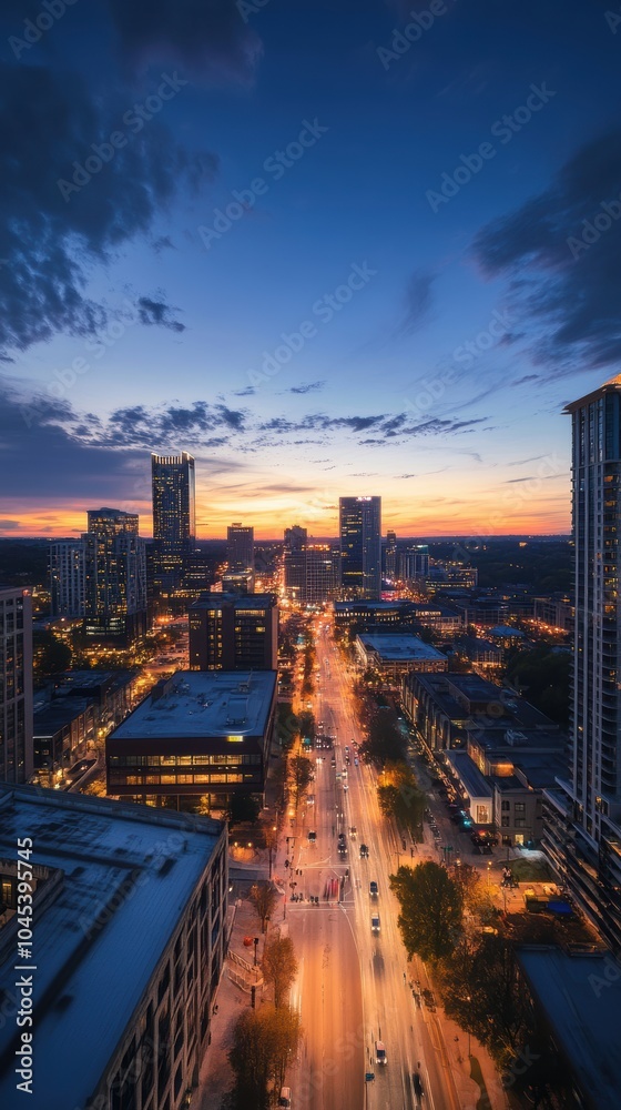 Atlanta skyline glowing at dusk with traffic flowing on peachtree street Atlanta skyline glowing at dusk with traffic flowing on peachtree street