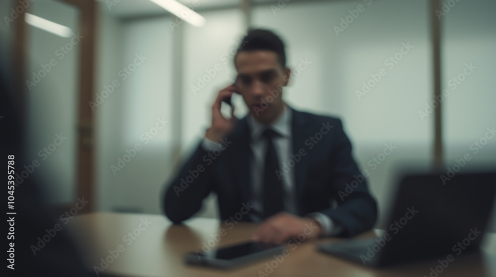 An employee in a suit is having a business conversation on the phone in an office with a modern interior An employee in a suit is having a business conversation on the phone in an office with a modern interior