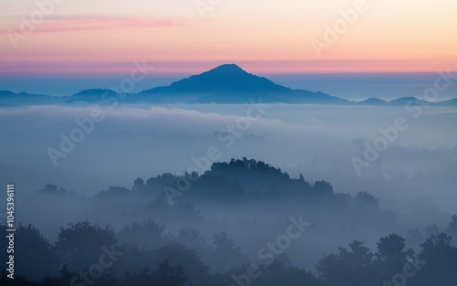 Misty Blue Mountains with Pink Sky Peaceful Nature Landscape Tranquil Morning Fog  