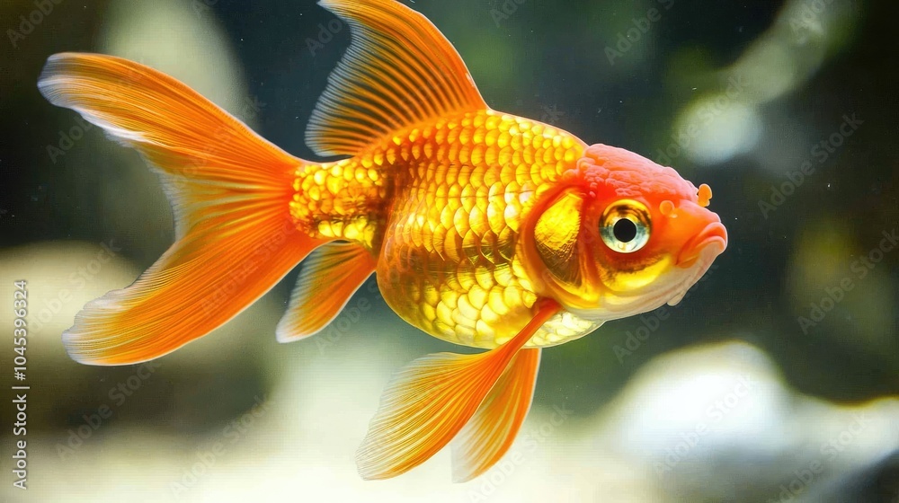 Close-up of a goldfish swimming in an aquarium, with its scales reflecting the light. Close-up of a goldfish swimming in an aquarium, with its scales reflecting the light.