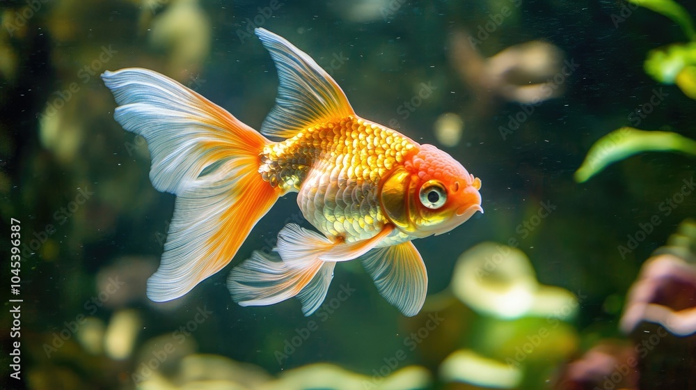 Close-up of a goldfish swimming in an aquarium, with its scales reflecting the light. -