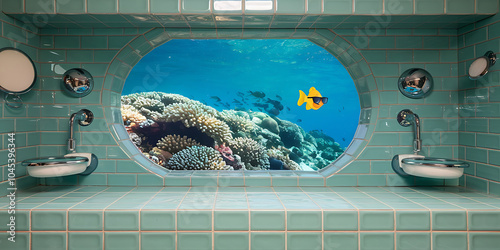 Cool blue bathroom with a view of a coral reef and a yellow fish wearing sunglasses  Tropical vacation getaway   