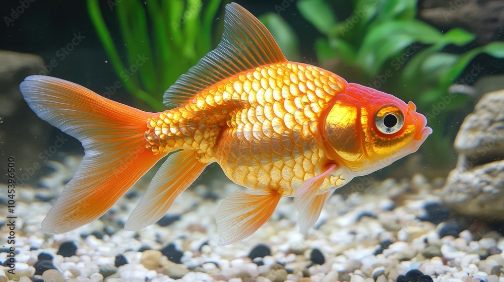 Close-up of a goldfish swimming in an aquarium, with its scales reflecting the light. - Close-up of a goldfish swimming in an aquarium, with its scales reflecting the light. -