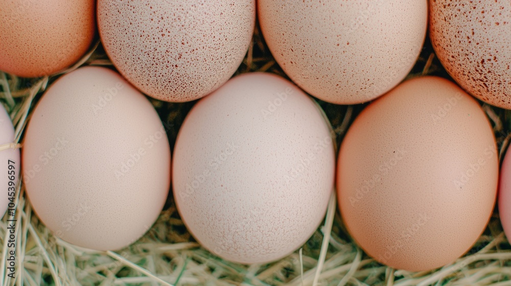 Close-up of fresh, brown, white and speckled eggs in a nest of straw. Close-up of fresh, brown, white and speckled eggs in a nest of straw.
