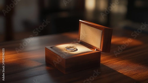 A gold wedding band sits inside an open wooden box on a wooden table, illuminated by sunlight.