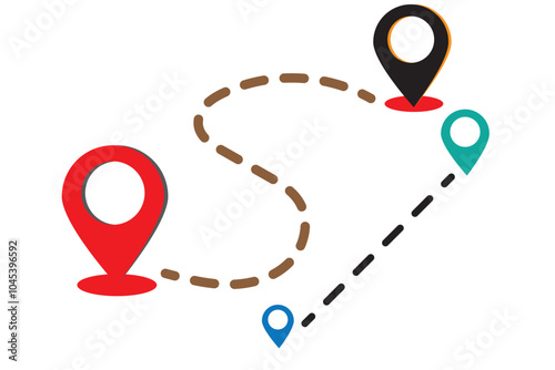 Dotted line between two position points, simple vector design, location icon, showing route between two locations marked by pins.