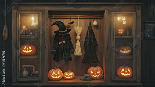 Creepy carved lamp with a mischievous smile Halloween outfits and costumes With an antique wooden wardrobe glows brightly in the dark Perfect for celebrating Halloween in the fall.