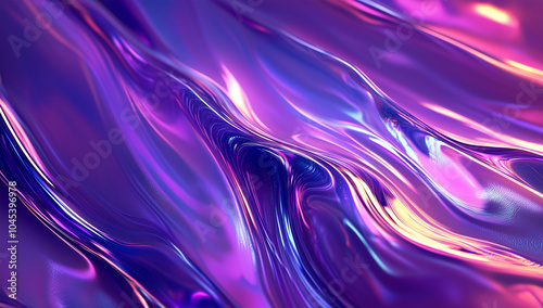 Vibrant Iridescent Holographic Texture in Purple and Pink with Glossy Wavy Patterns for Futuristic and Psychedelic Design Backgrounds