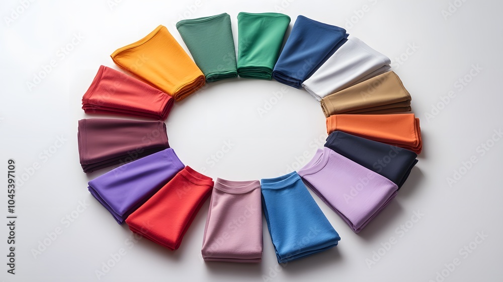 A circular arrangement of men t-shirts in various colors, each shirt neatly folded, diffused lighting creating soft shadows, white background, simple and elegant style, calm and orderly atmosphere A circular arrangement of men t-shirts in various colors, each shirt neatly folded, diffused lighting creating soft shadows, white background, simple and elegant style, calm and orderly atmosphere