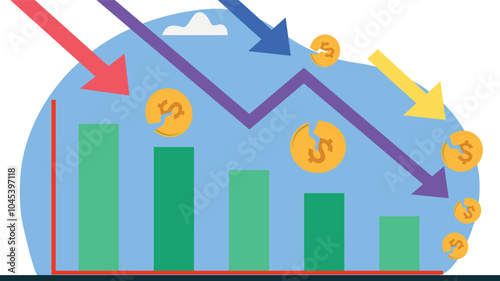 This image depicts a bar graph with downward arrows and falling coins, symbolizing financial decline or market downturn, all in a stylized, cartoon-like design.