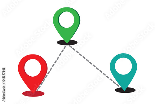 Dotted line between two position points, simple vector design, location icon, showing route between two locations marked by pins.