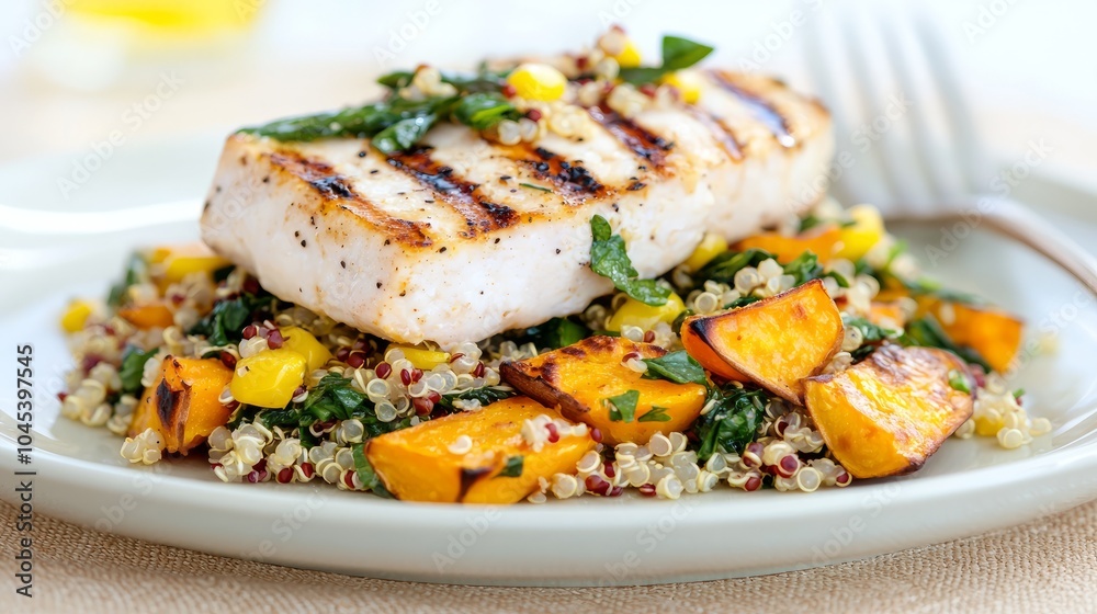 Grilled fish with quinoa, sweet potato and corn salad. Grilled fish with quinoa, sweet potato and corn salad.