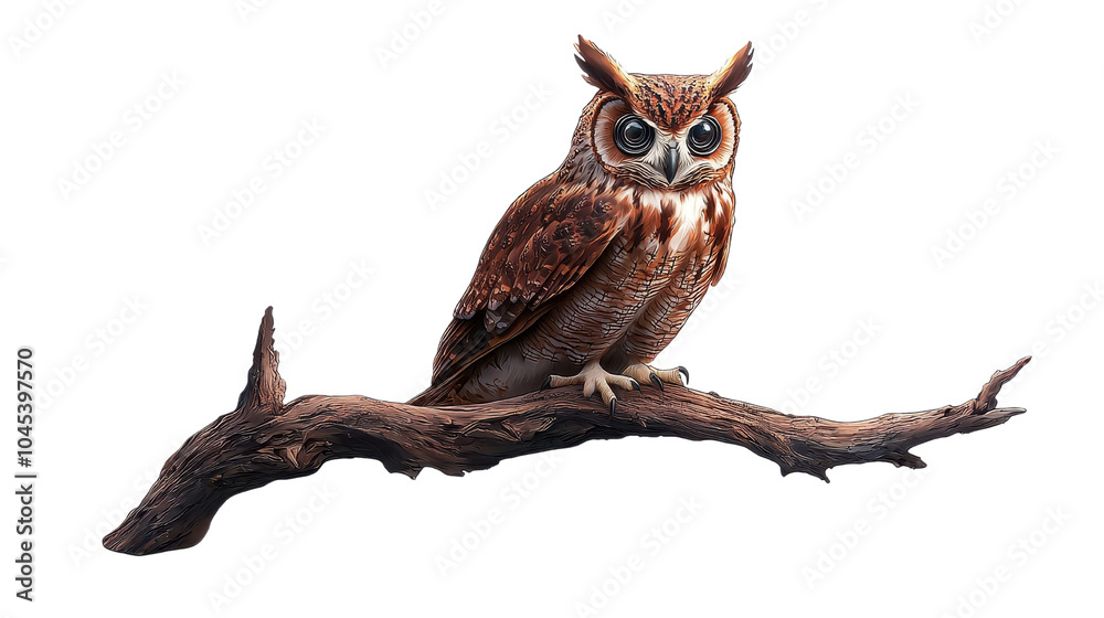 Naklejka premium A detailed depiction of a wise owl perched on a branch against a white isolated background.