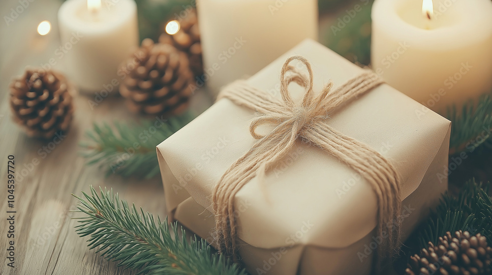 Handmade presents with rustic paper, surrounded by pinecones and candles, warm cozy lighting, presents, vintage Christmas.