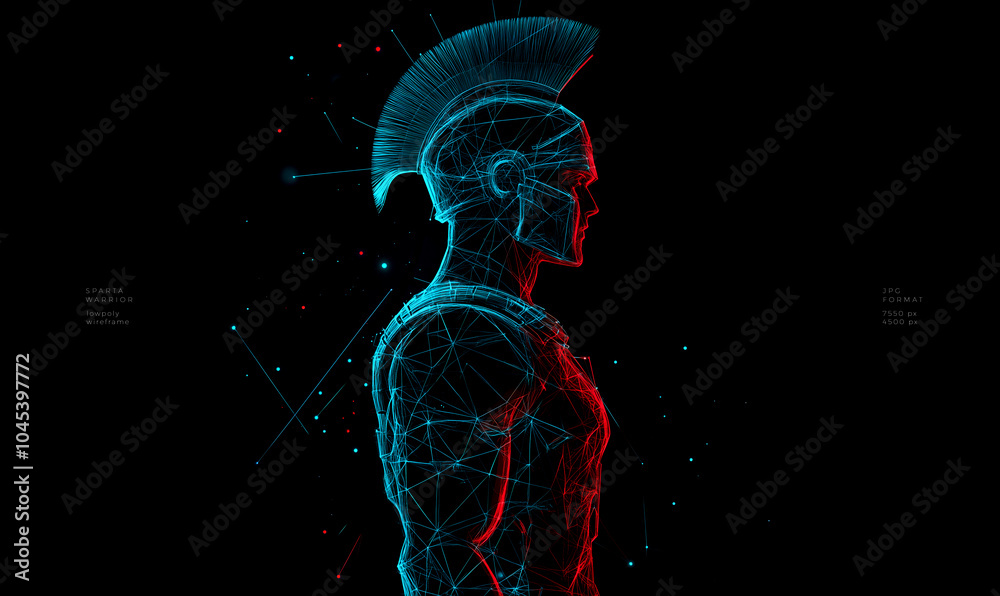 Digital spartan warrior in low poly glowing red and blue wire frame design Digital spartan warrior in low poly glowing red and blue wire frame design