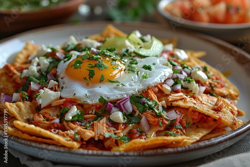 A plate of chilaquiles, with crispy tortilla chips smothered in red or green salsa, topped with shredded chicken, crema, cheese, and a fried egg